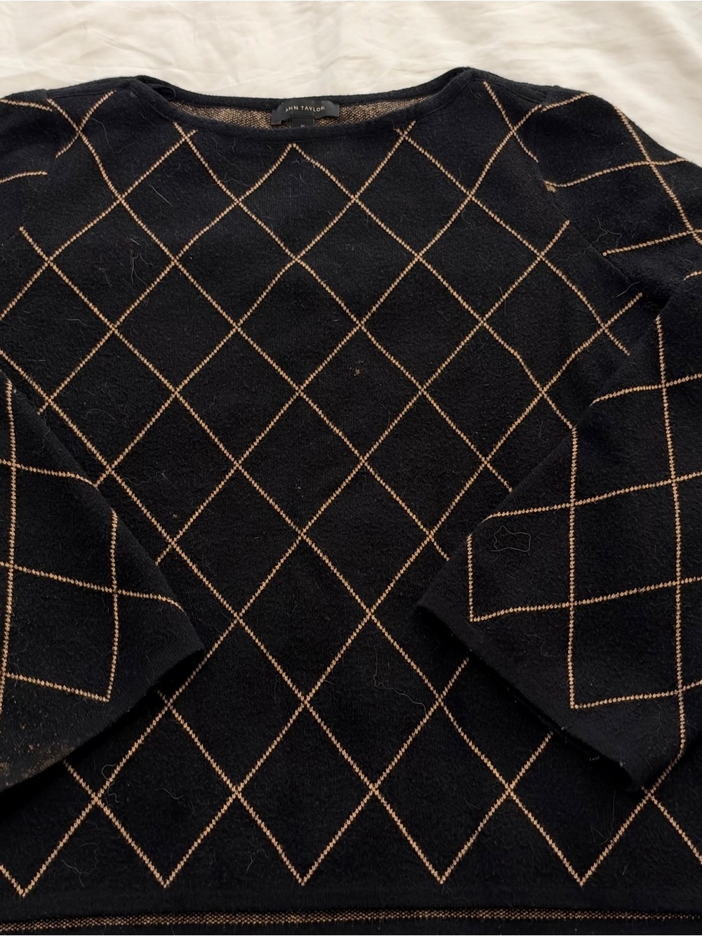Ann Taylor Black Crewneck Sweater with Tan Argyle Stitching